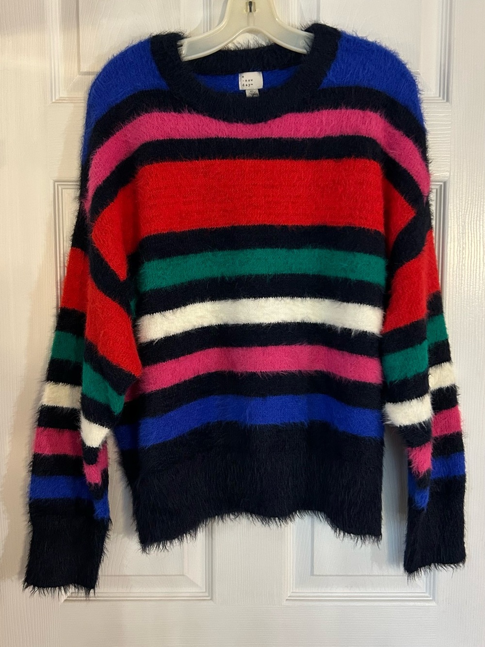 A New Day- XL black & colorful striped, fuzzy sweater